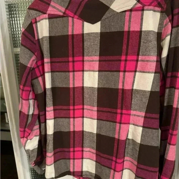 Bit & Bridle women’s snap down plaid shirt pink, brown & white size large - Picture 4 of 10